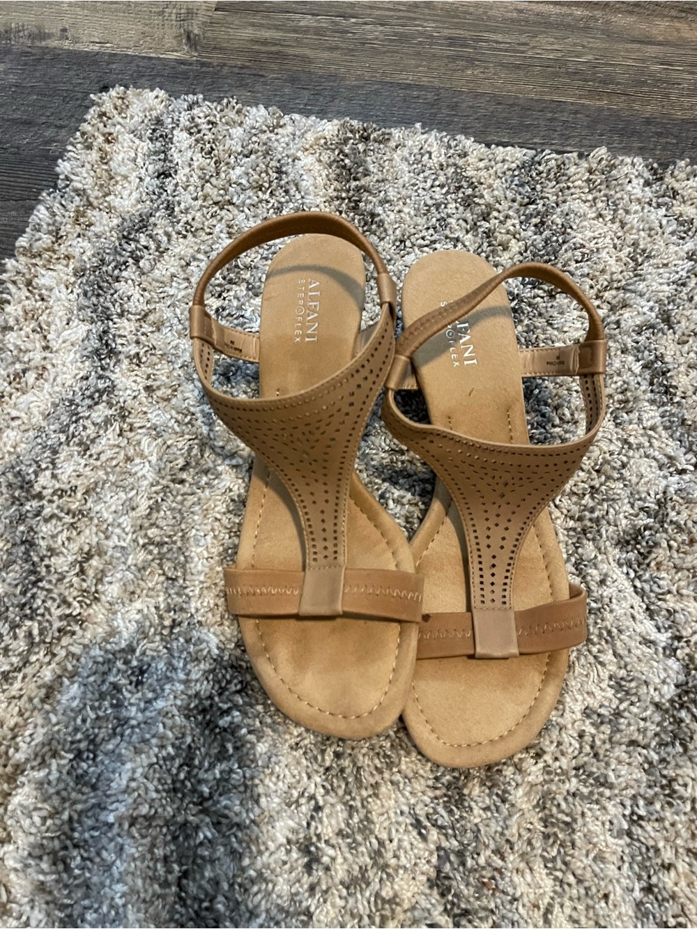 Alfani Tan Perforated T-Strap Sandals with Ankle Strap